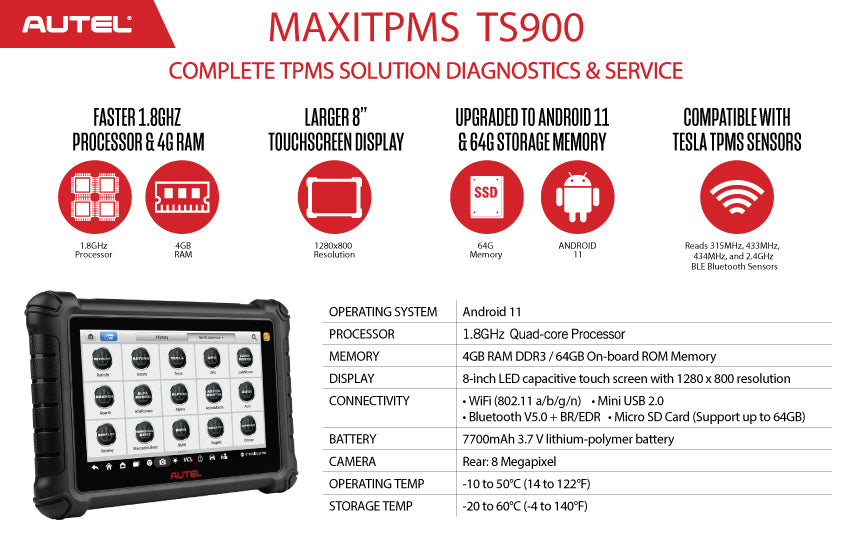 Autel MaxiTPMS TS900 Advanced 3-in-1 TPMS Diagnostic Tool with Android OS and Special Functions