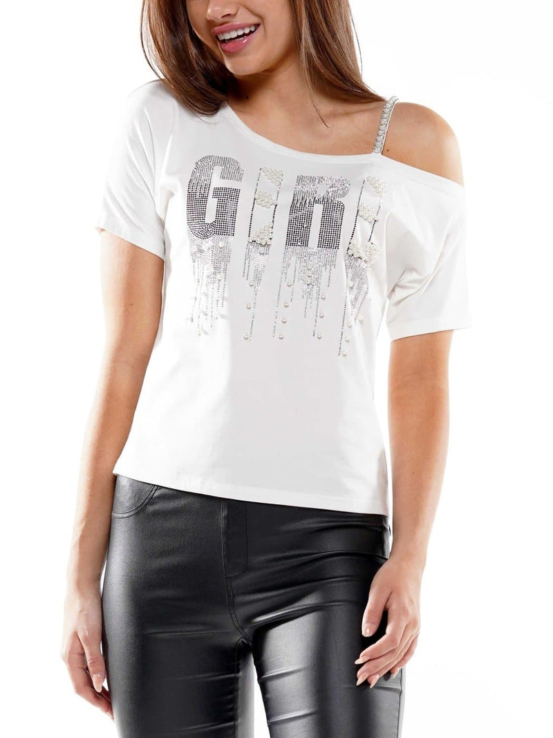 Why Dress - "Girl" Pearl Print Off the Shoulder T-Shirt