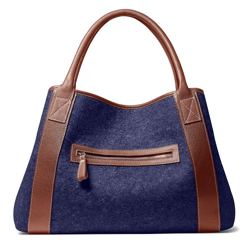 Michelle Tote - Navy  Wool Blend -Brown Leather