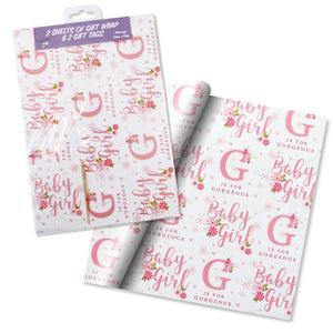 2 Sheets & 2 Tags of New Baby Girl Gift Wrap