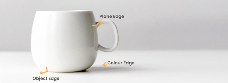A cup on a table - types of edges on a cup.
