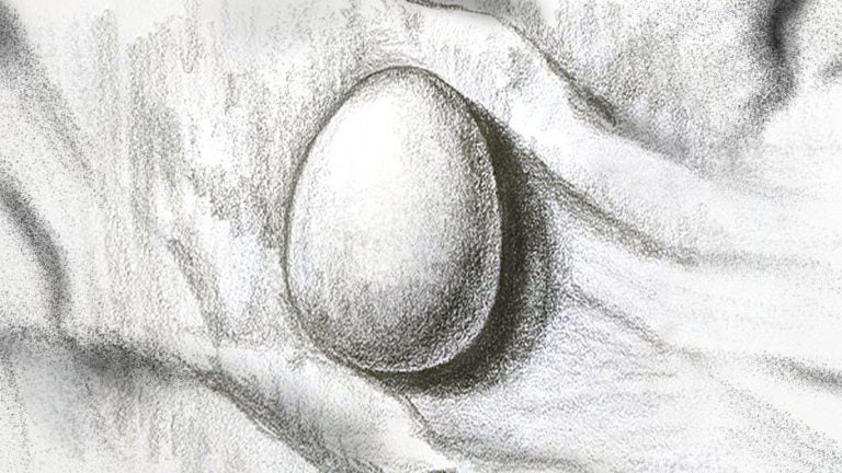 Detailed drawing of an egg on paper with complete shading.