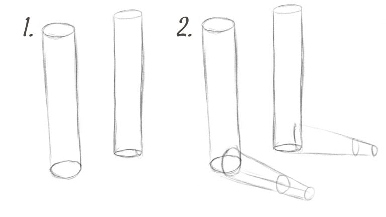 Use cylinders and cones to draw the kangaroo feet.