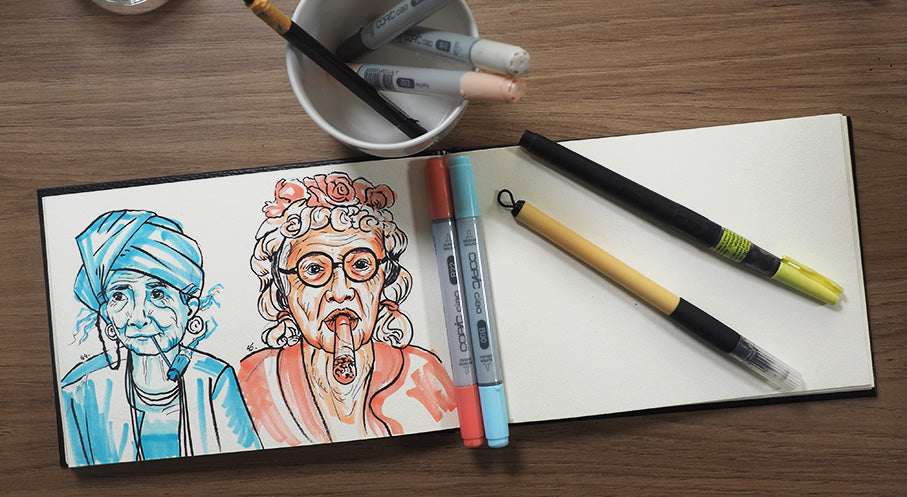 sketches of old ladies with markers