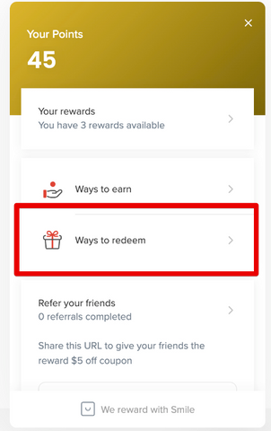 rewards panel after customer is logged in that shows ways to redeem points
