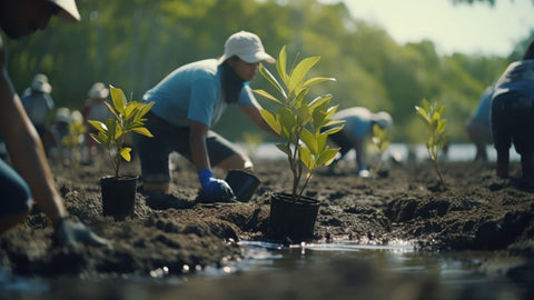 Volunteers planting mangrove tree saplings in the soil on the coast of Madagascar