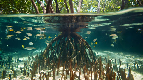 Tropical Fishes swimming in the roots of a mangrove tree