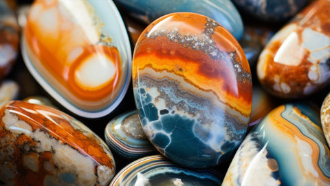 Pile of multicoloured and patterned ocean jasper crystal pebbles