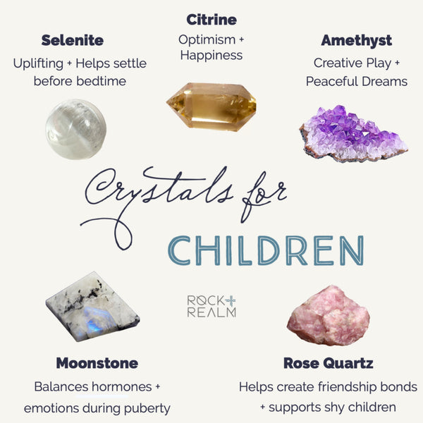 Top five crystals for children infographic featuring selenite, citrine, amethyst, moonstone and rose quartz crystals