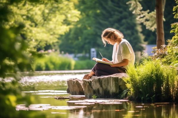 A lady sits journalling in the sun by a river