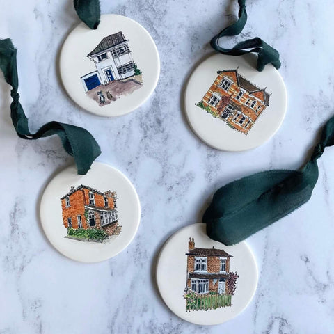 Handpainted house portrait Christmas decorations