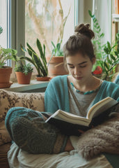 A women sits cross legged journalling in a cosy chair surrounded by houseplants