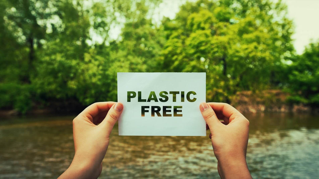 Plastic-free sign held over a background with trees and a river