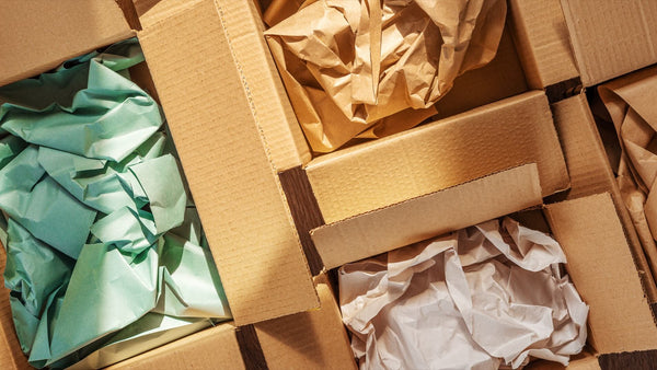 An overhead shot of parcels filled with Kraft paper parcel filler