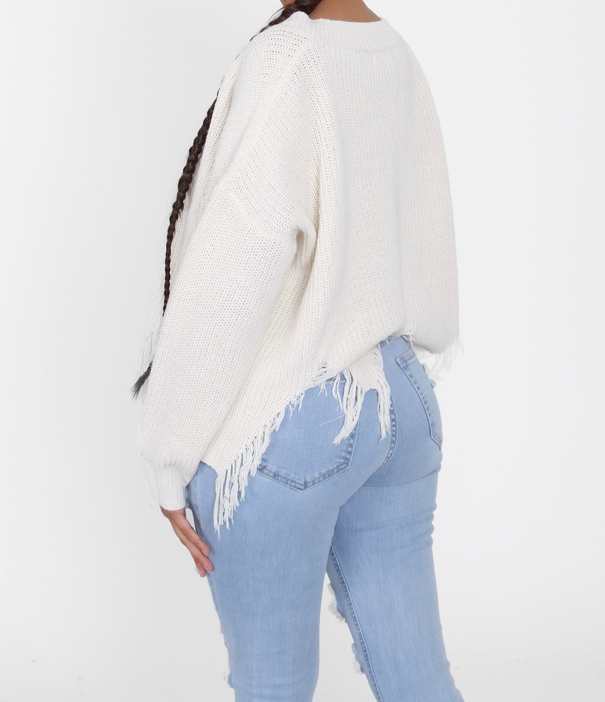 white distressed sweater