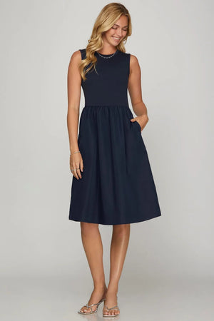 She + Sky Full Size Sleeveless Poplin Woven Midi Dress with Pockets Plus Size - Valeries Avenue