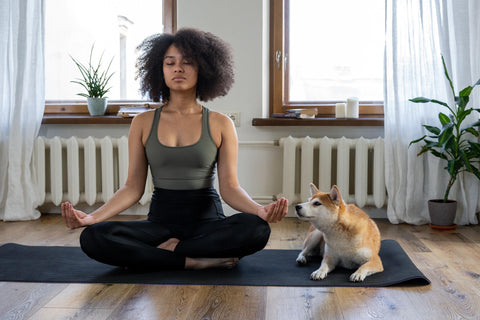 Woman meditating at home with her dog