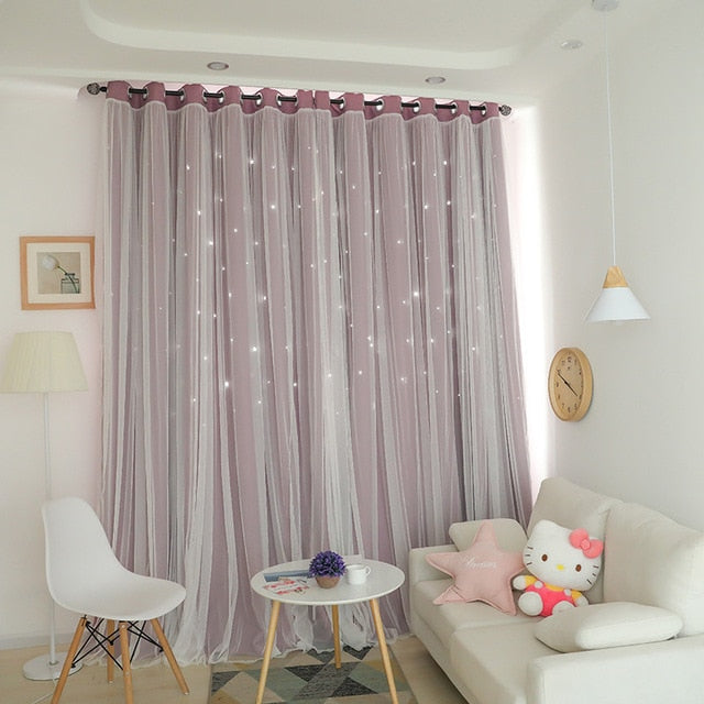 Korean Double Pink Princess Hollow Stars Lace Curtains