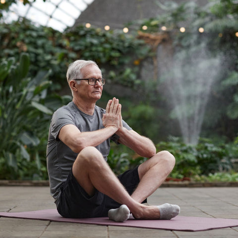 man in meditation poses with hands in prayer