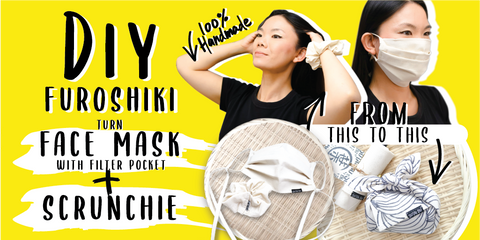DIY Furoshiki Turn Pleated Face Mask with Filter Pocket + Scrunchie