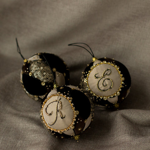 Embroidered chocolate & gold Personalized Christmas ornaments. One-of-a-kind gift ideas. Handmade accessories