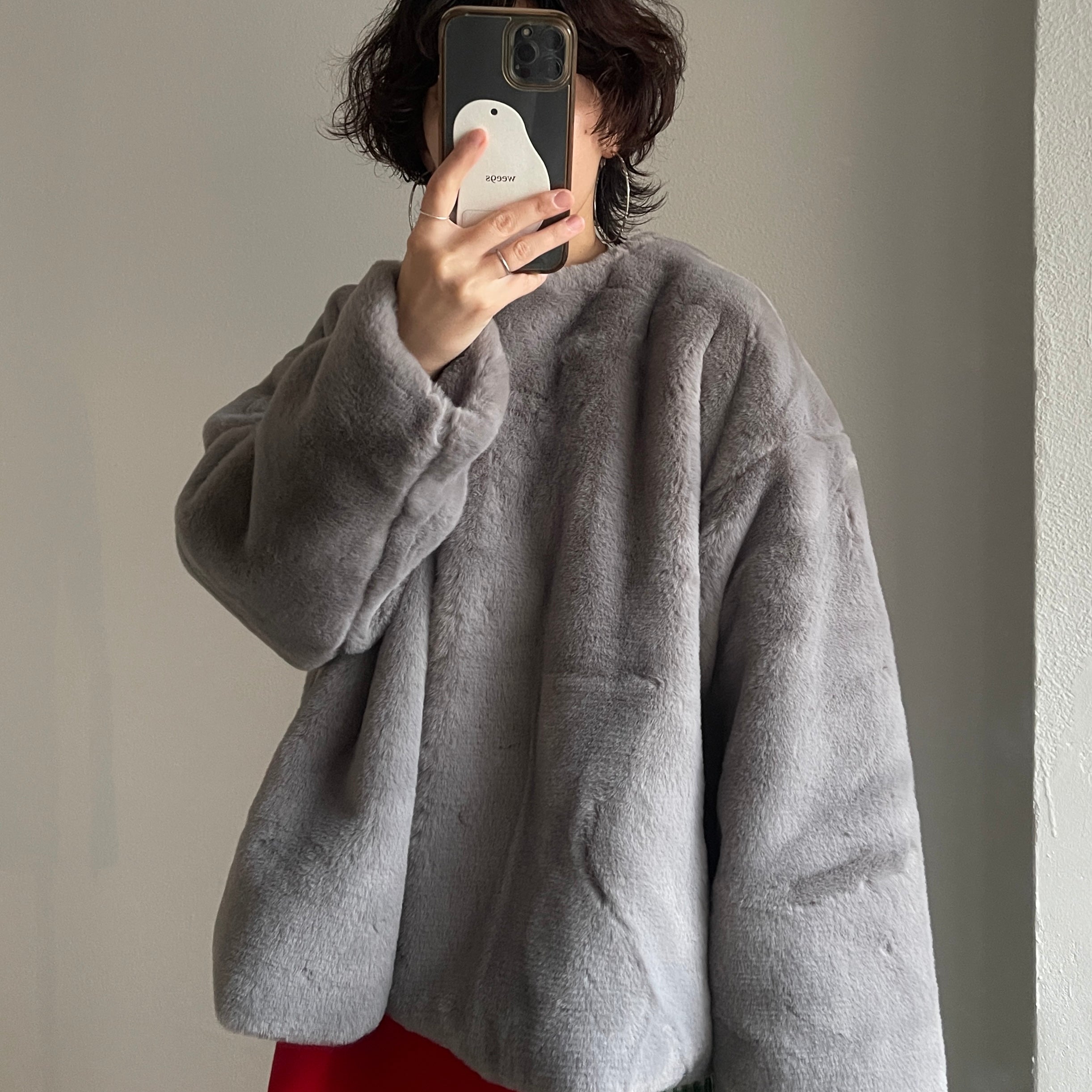over size no collar fur coat / gray （オーバーサイズノーカラー