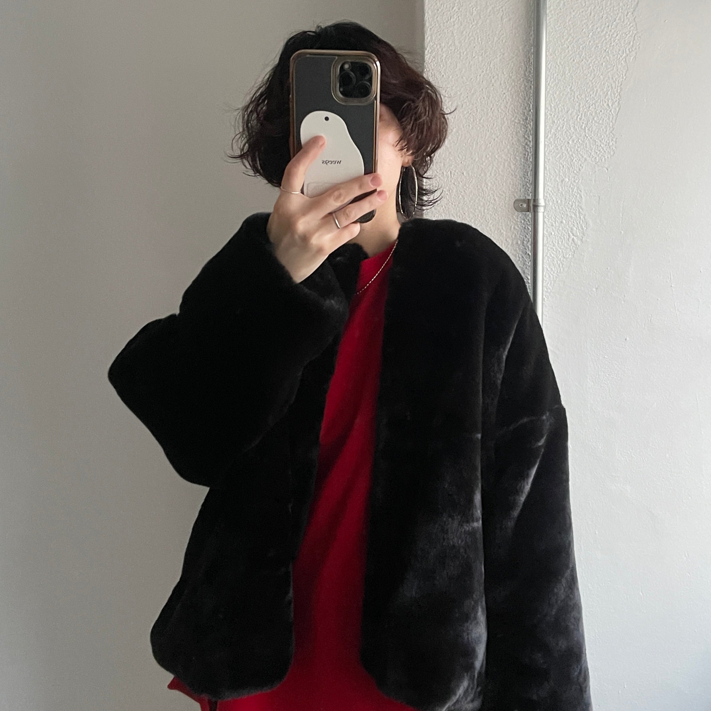 over size no collar fur coat / black （オーバーサイズノーカラー