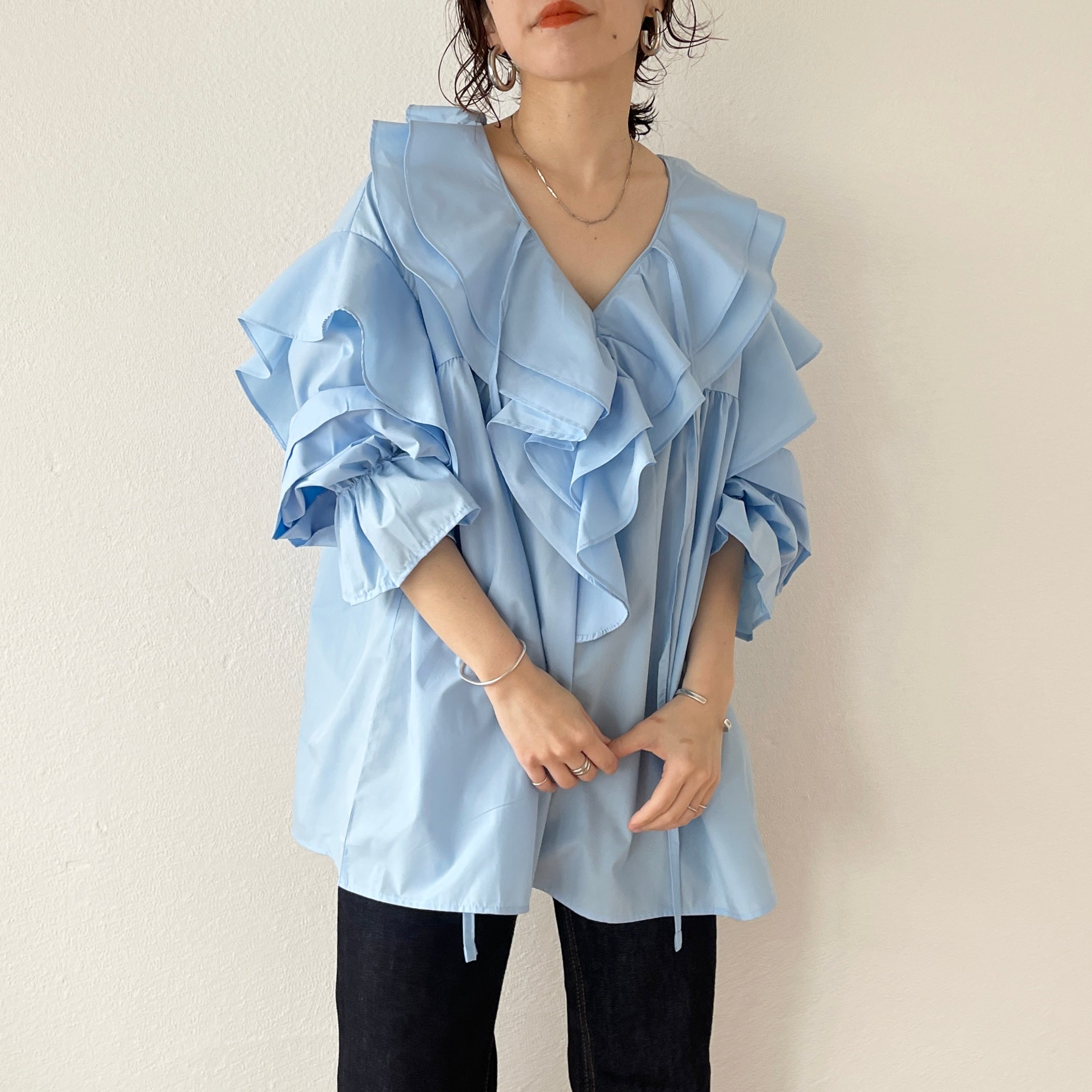 big collar frill blouse / sky blue （ビッグカラーフリルブラウス ...