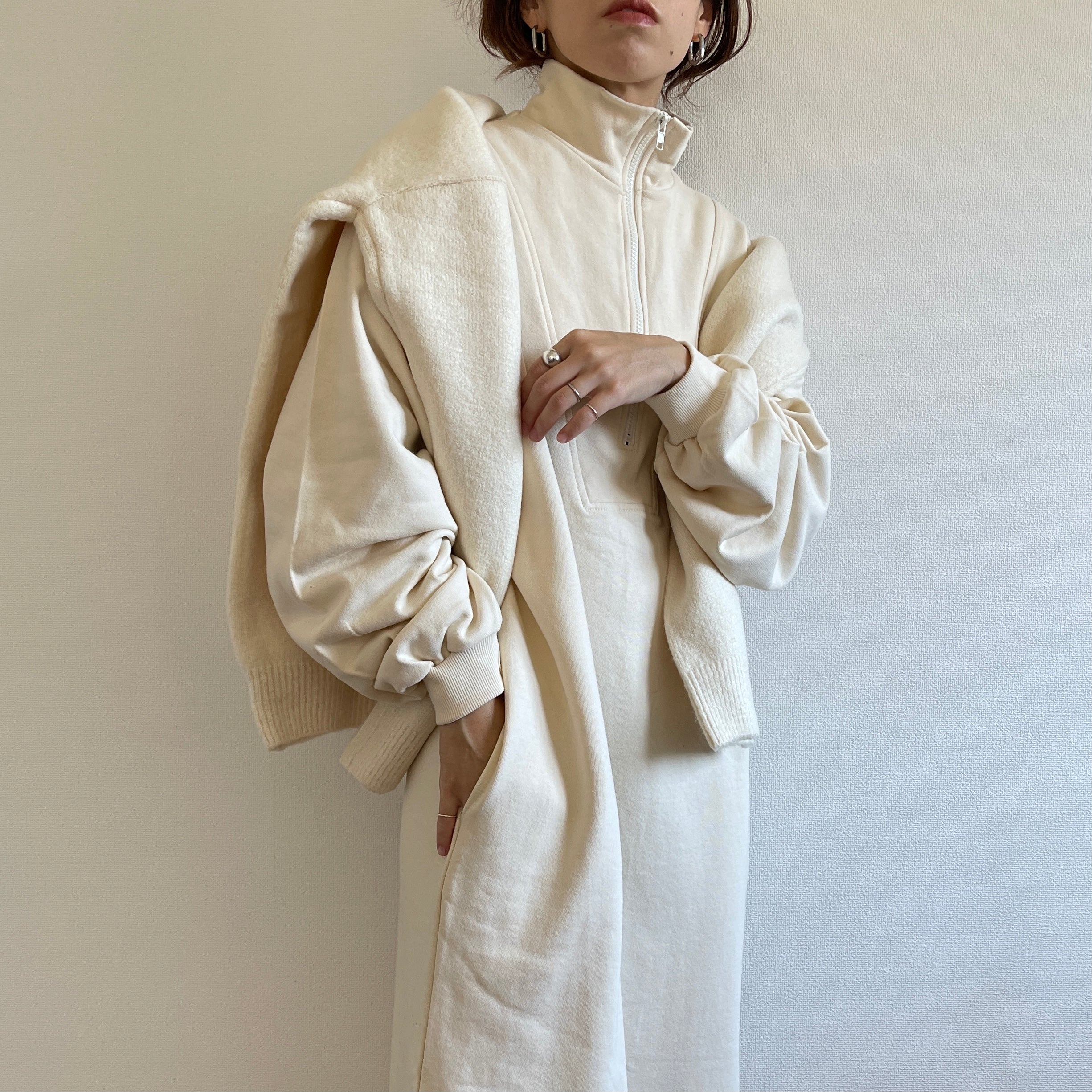 high neck half zip up sweat one piece / ivory （ハイネックハーフ