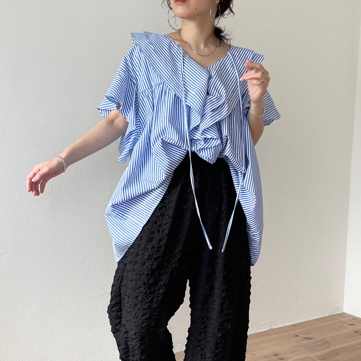 日本 シャツ ブラウス big collar frill half blouse 付け襟風ビッグ