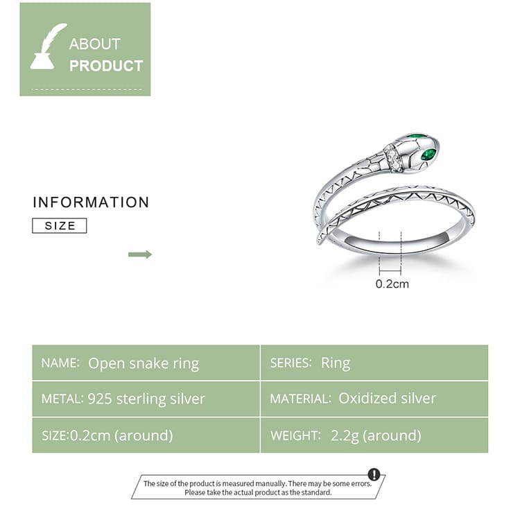 Bague serpent ajustable en argent Sterling 925