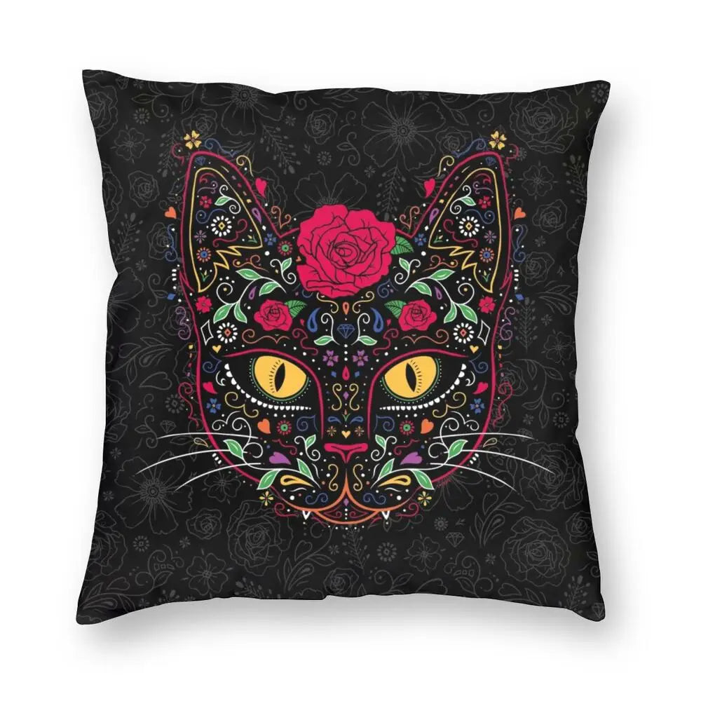 Housse de coussin Chat avec motifs floraux