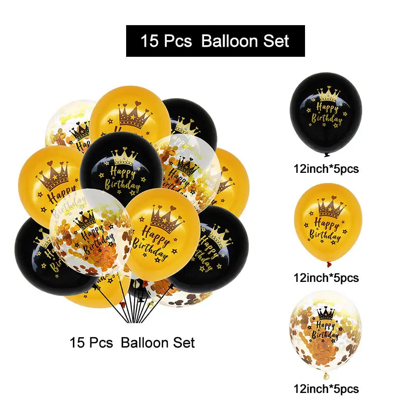 Ensemble 15 Ballons en Latex or noir Bonne Anniversaire