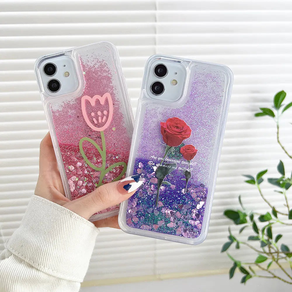 Coque silicone iPhone Liquide Paillette Fleur