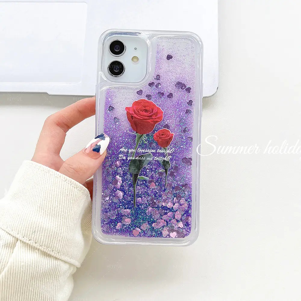 Coque silicone iPhone Liquide Paillette Fleur