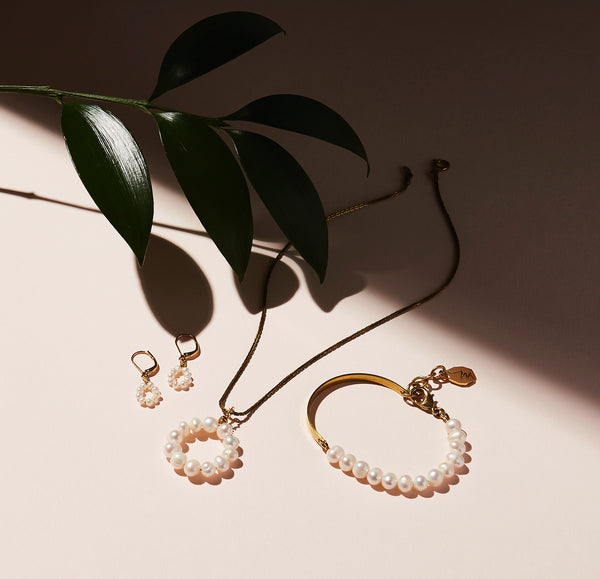 STILL LIFE | MoonRox FW20 - Illuminated Necklace, Bracelet and Earrings with freshwater pearl and brass