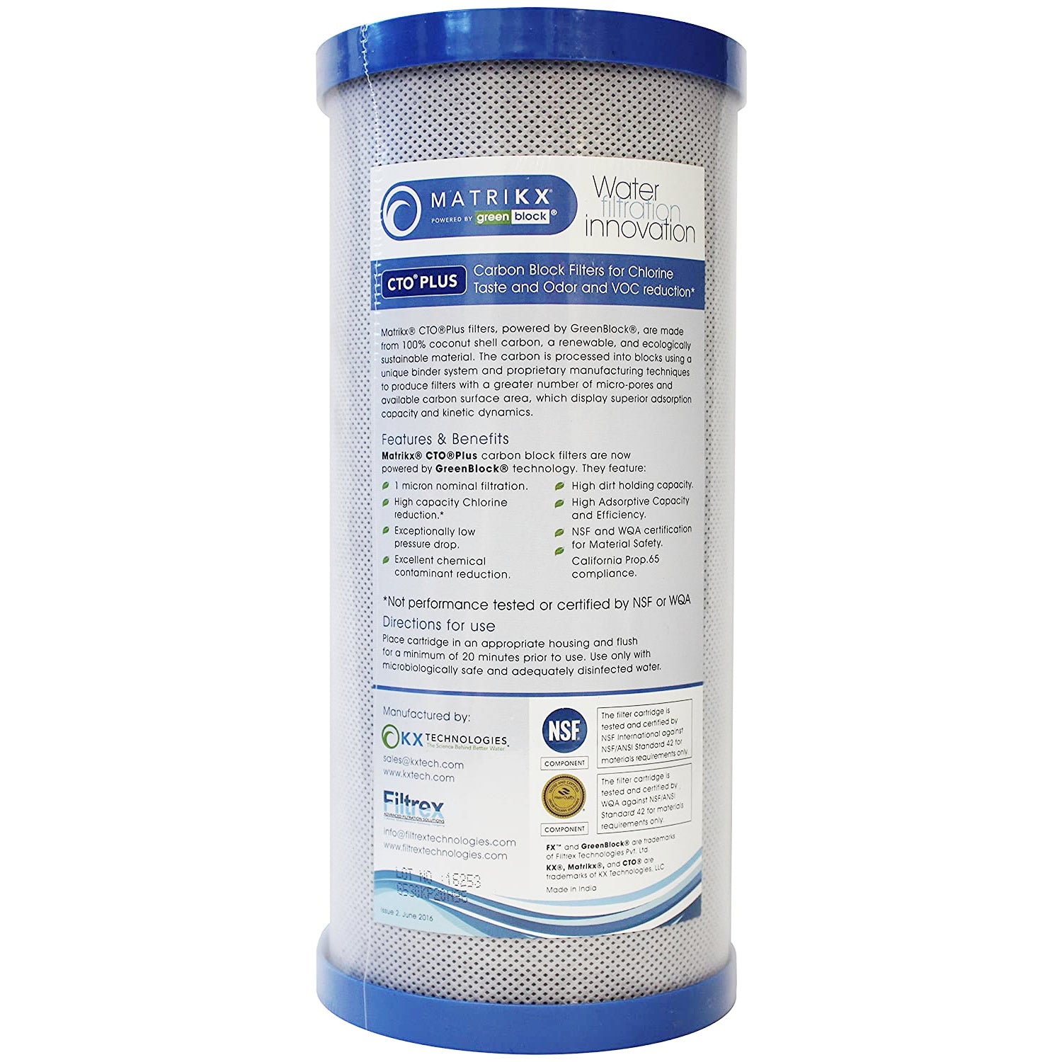 KX Technologies - 01-450-10-MATRIKX - 10" x 4.5" MatriKX CTO Plus- 1 Micron - Chlorine/Chloramine & VOC Reduction Filter