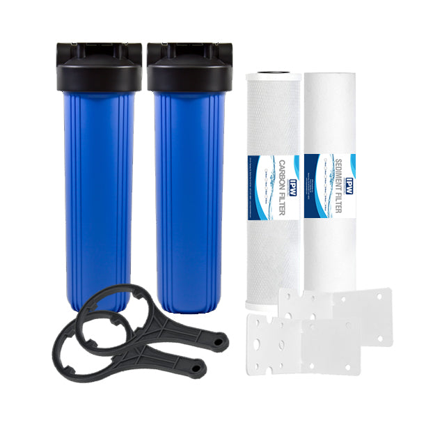 2 Stage Whole House Water Filter System w- 20-Inch Big Blue Housing -1 Inch Inlet-Outlet and 4.5"x20" 5 Micron PP + Carbon Filters