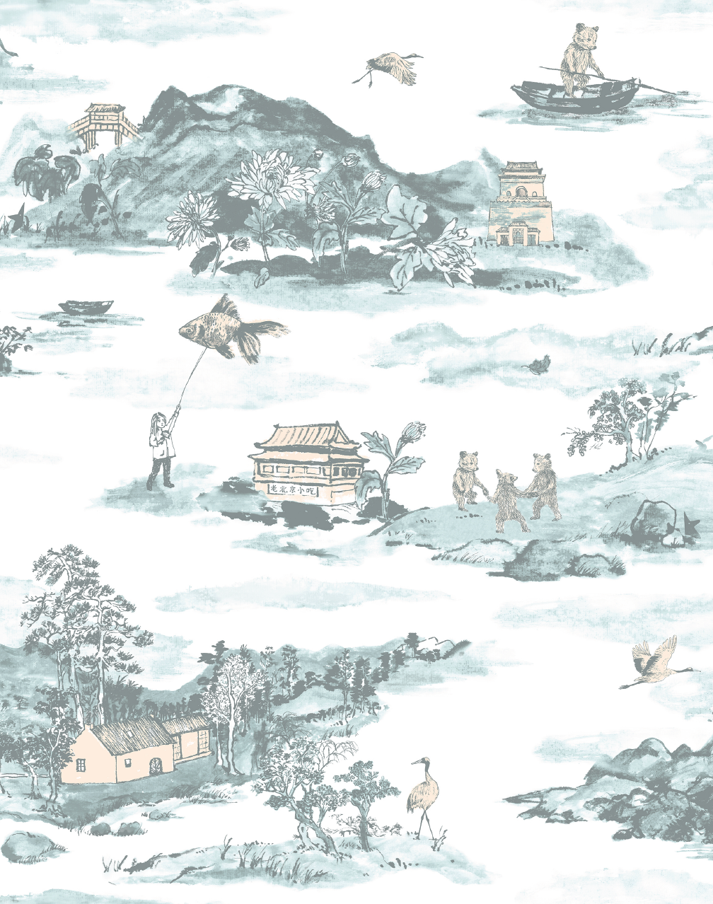 Chinoiserie Mint Foggy Mountains Wallpaper Chinese Landscape