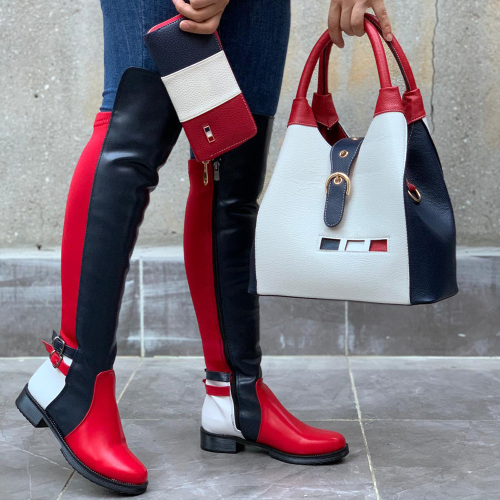 color block over the knee boots