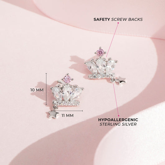 925 Sterling Silver Cubic Zirconia Princess Crown Screw Back Earrings for Girls