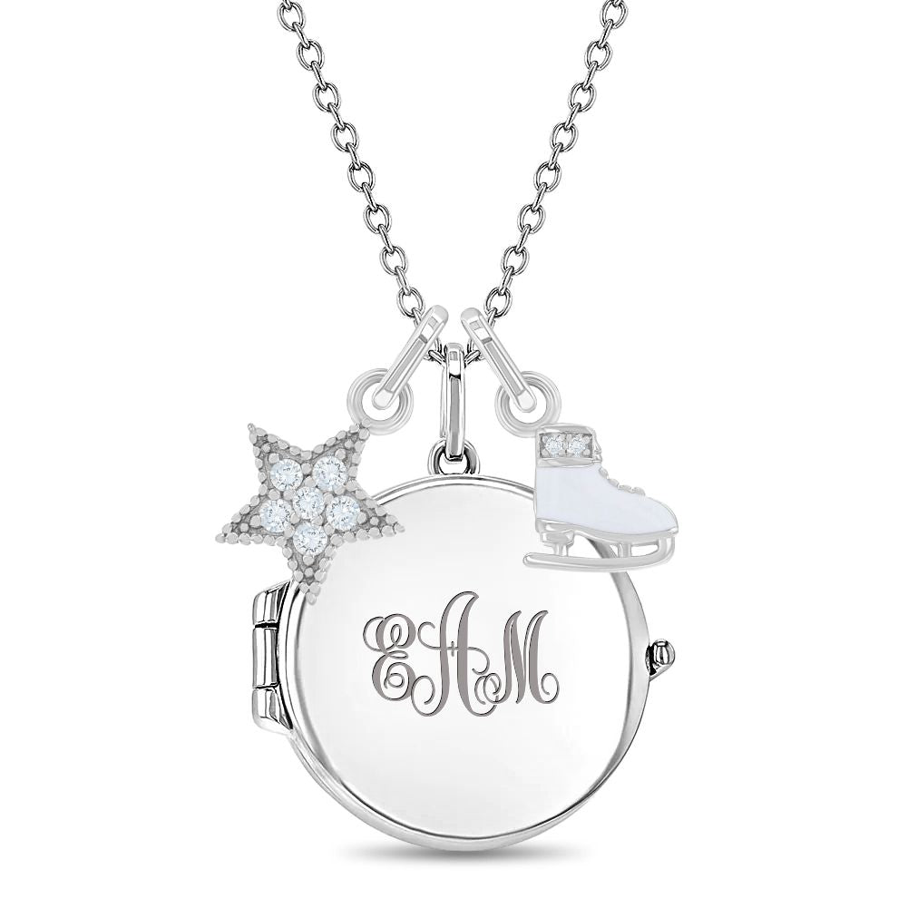 Figure Skater Kids / Children's / Girls Round Pendant/Necklace With Charms - Sterling Silver