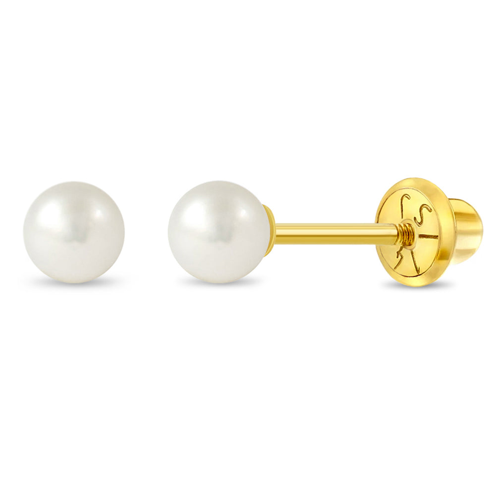 18K Gold Floral Border Pearl Screw Back Earrings for Babies, Toddler, and Young Girls | Jewelry Vine