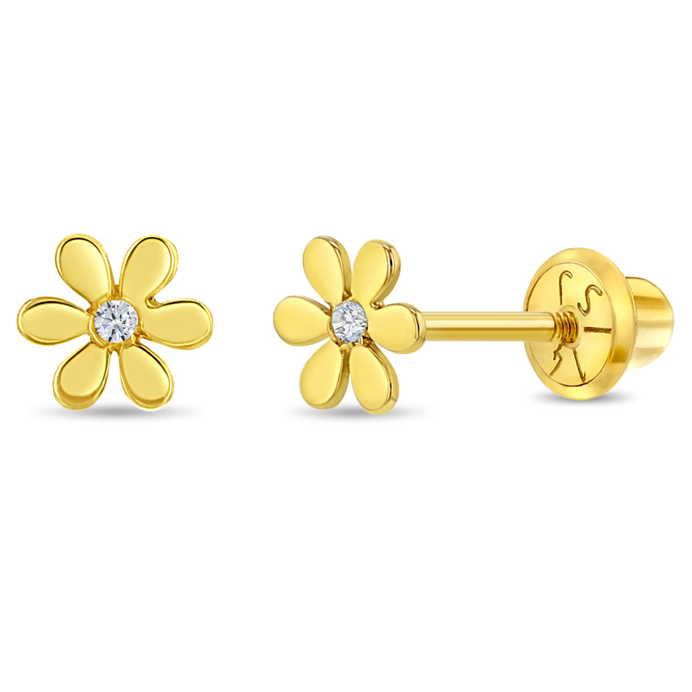 14k Gold Tiny Flower Clear CZ Baby / Toddler / Kids Earrings Safety Sc