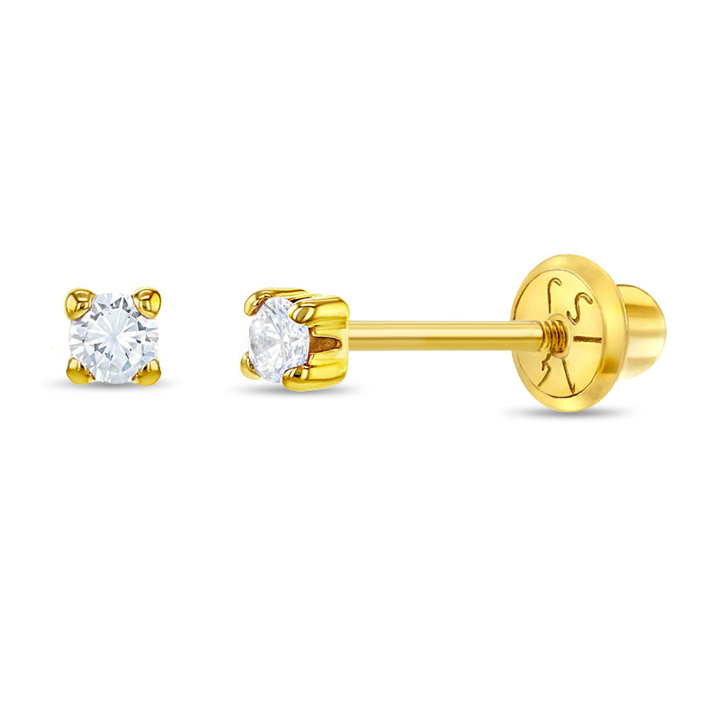 Baby Girls' Pink 4 Prong CZ Solitaire Screw Back 14K Gold Earrings - 2mm - in Season Jewelry