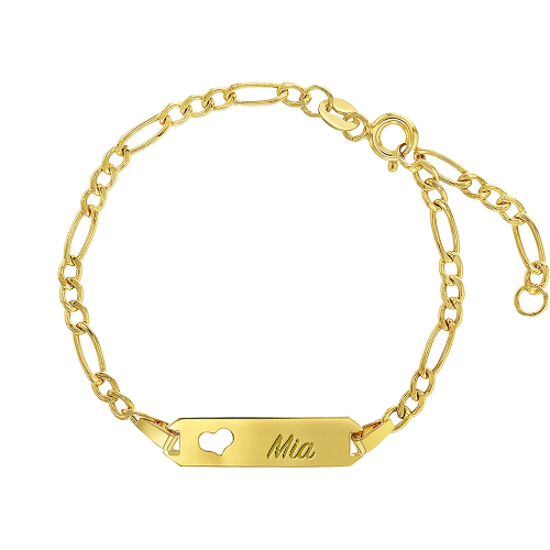 14k Yellow Gold Unisex Adjustable Girls Name ID Bracelet Engravable Heart Tag