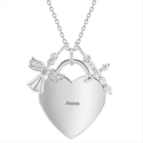 925 Sterling Silver Engravable Heart Tag CZ Angel & Cross Pendant Necklace for Girls