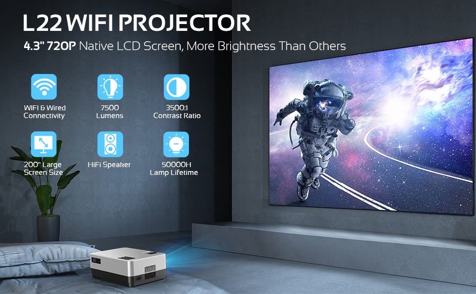 DBPOWER L22 WIFI Projector, 7500L Full HD 1080p Video Projector with Carry Case