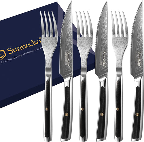 Damascus Cutlery】Damascus Steel 8pcs 5 Steak Knife and Fork Set Serr –