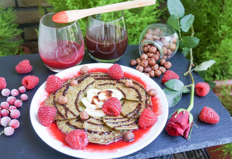 Baobab Spinach Pancakes with Raspberry Coulis & Warm Chocolate Sauce